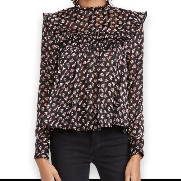 Scotch & Soda Black Drapey Printed Floral Ruffle Bib Longsleeve Blouse Small - Picture 1 of 11